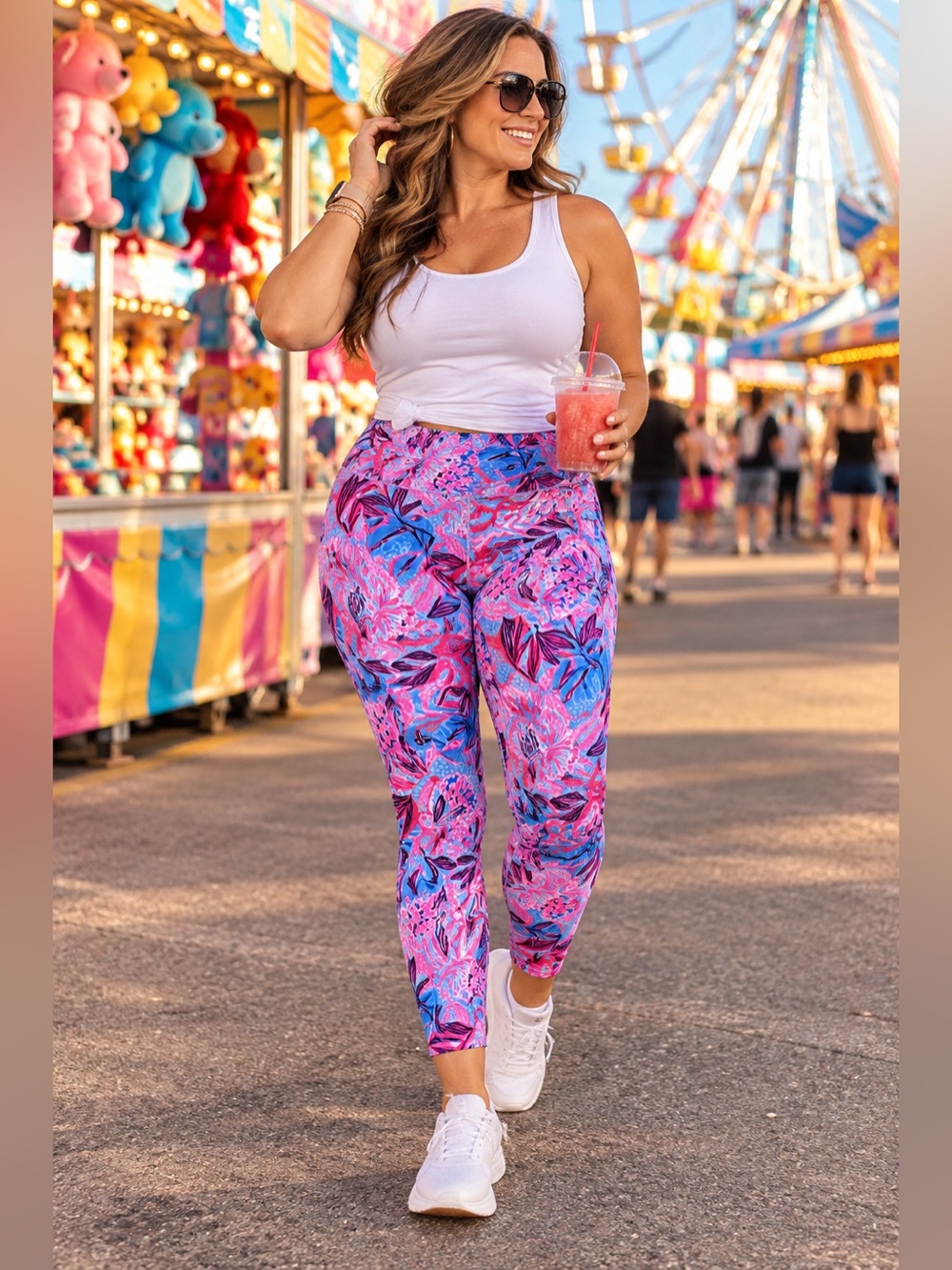 Lilly Pulitzer Luxletic Leggings XXL Pink Blue Tropical Print Capri EUC